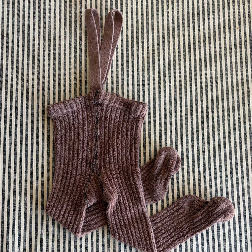 Silly Silas teddy Ribbed Knit Baby Romper tights with Straps - Mauve Brown